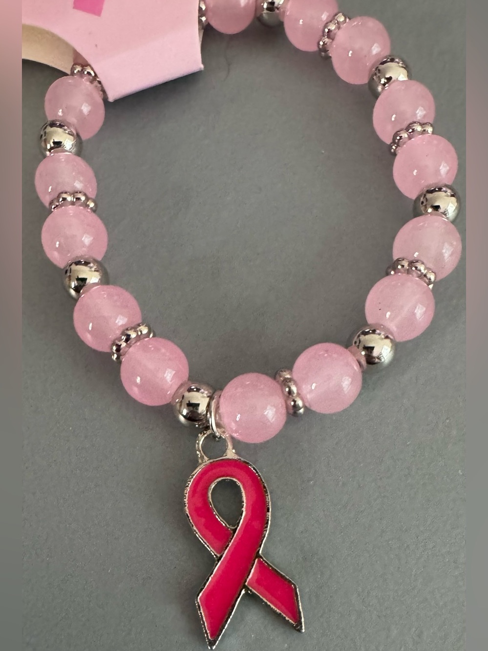 Pink Beaded Awareness Ribbon Stretch Bracelet glass bead